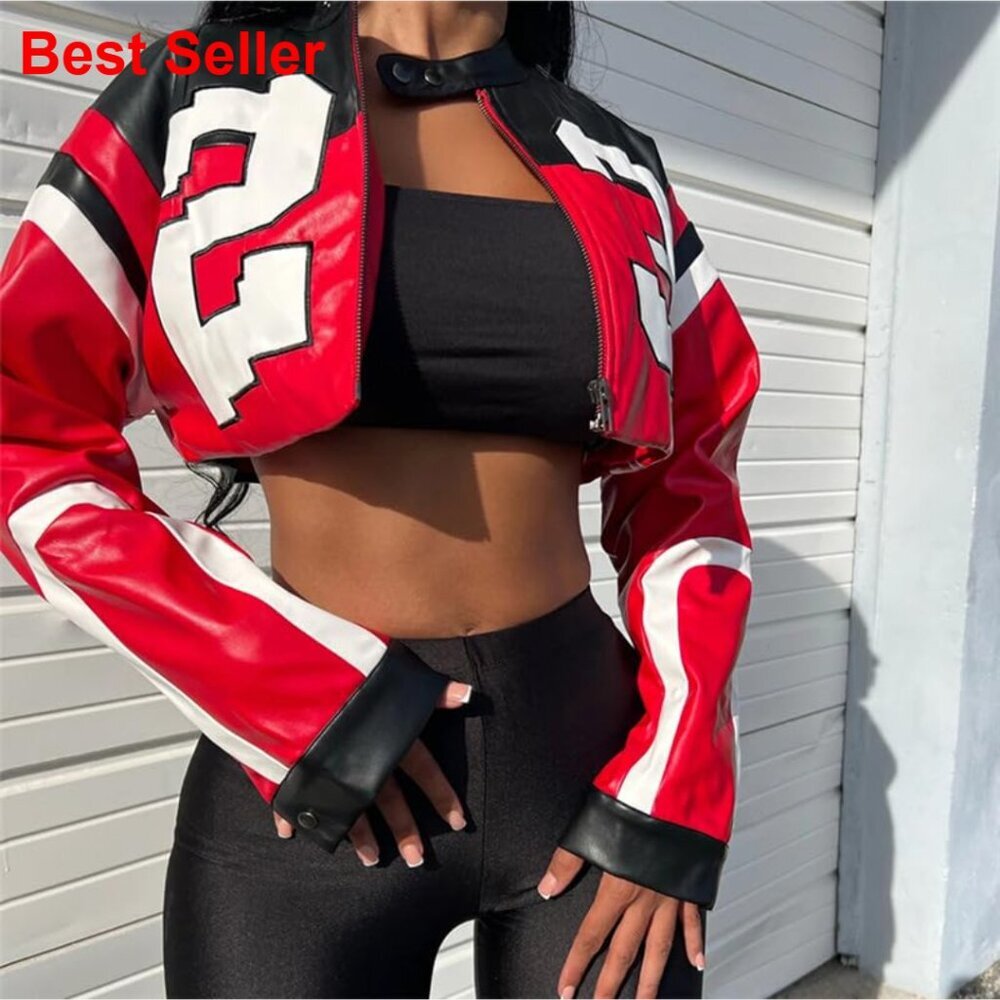 Faux Leather Cropped Motorcycle Jacket Bomber Streetwear - Picture 2 of 6